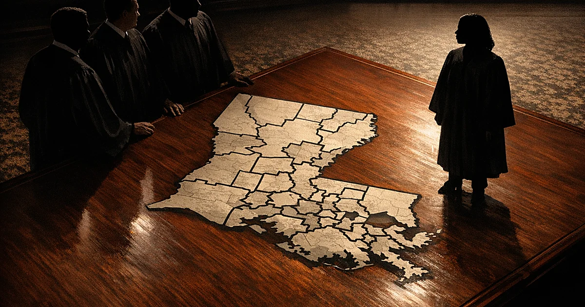 Silhouetted judges in robes standing on opposite sides of a Louisiana congressional district map on a table