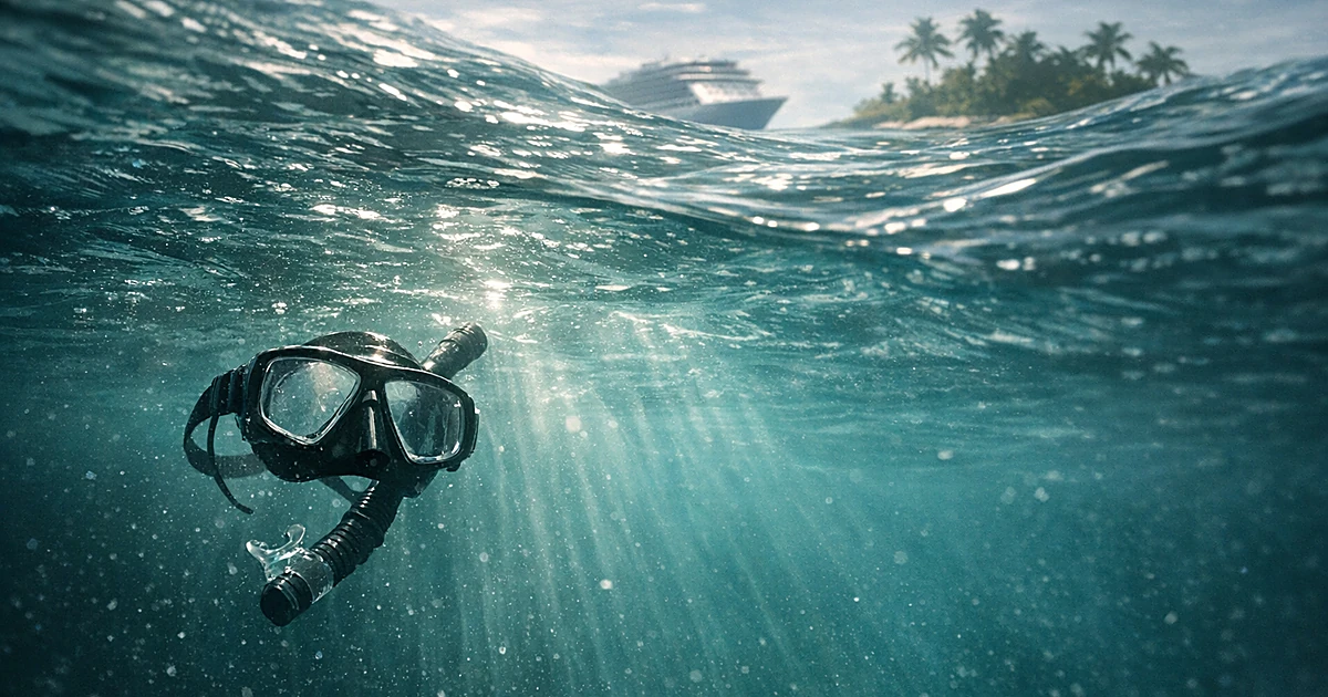 Abandoned snorkel mask floating in clear turquoise water with cruise ship silhouette visible above surface