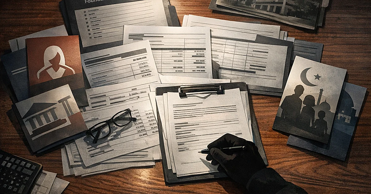 Overhead view of desk with tax forms, financial documents, and a hand silhouette signing papers