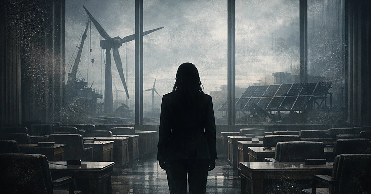Silhouetted figure in empty legislative chamber with renewable energy infrastructure visible through windows in shadows