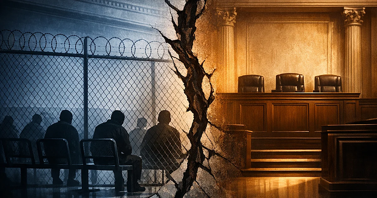 Split courthouse interior showing detention chairs behind fencing on one side and empty judicial bench on the other