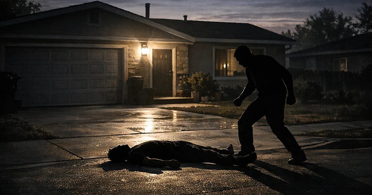 Silhouetted figure standing over person lying on residential driveway at dusk with harsh porch lighting