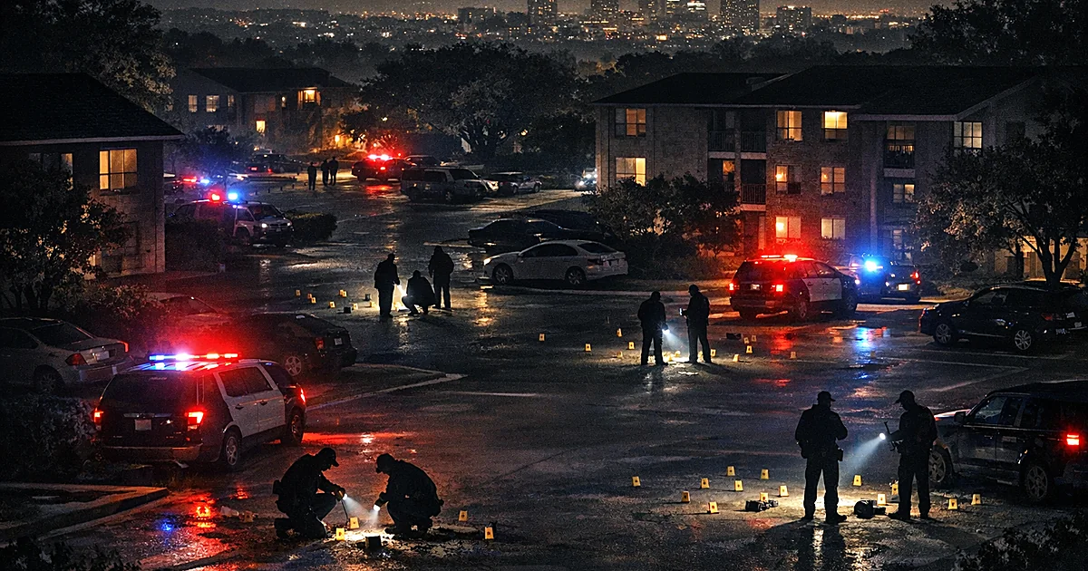 Aerial night view of Austin neighborhood with emergency lights illuminating multiple investigation sites across streets