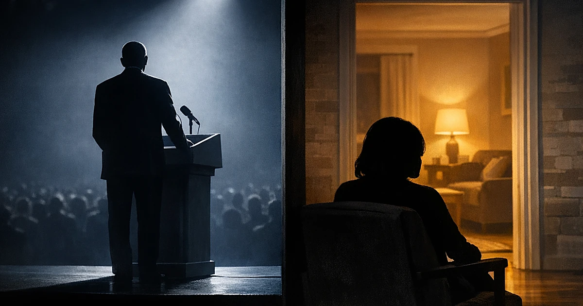 Silhouette at podium under spotlight while another figure faces away toward warmly lit doorway representing home