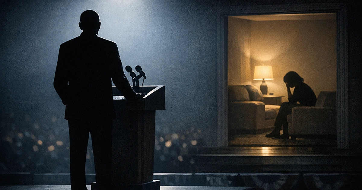 Silhouette on campaign stage separated from another silhouette in distant home interior, showing political-personal divide