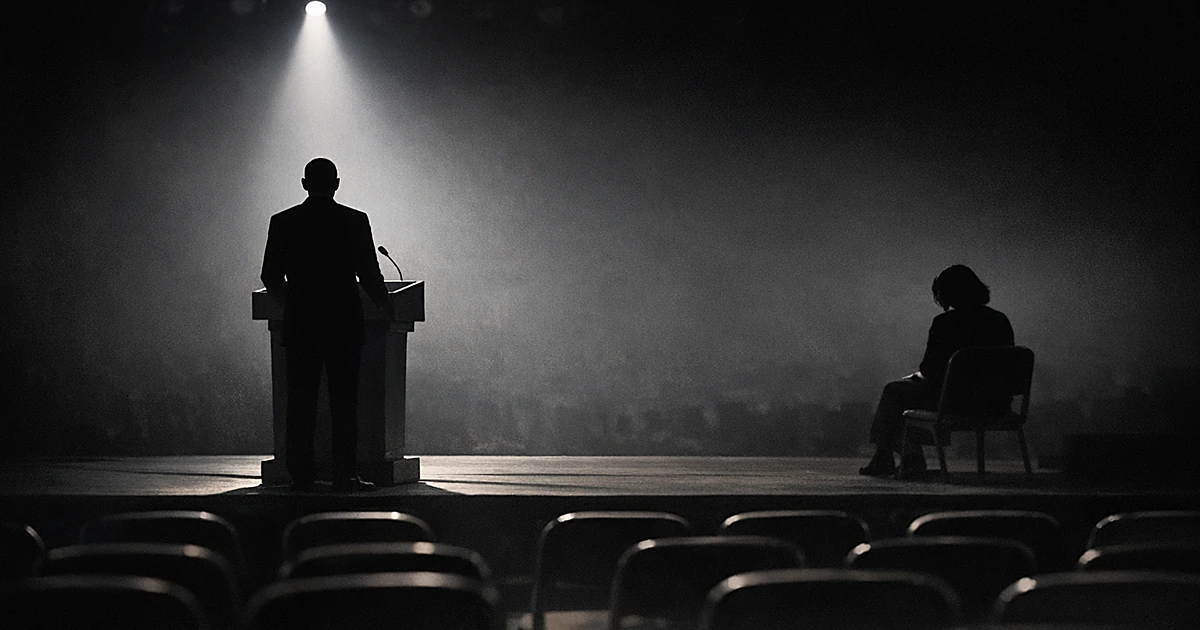 Silhouette at podium on lit stage while another figure sits alone in shadows, depicting political and personal distance