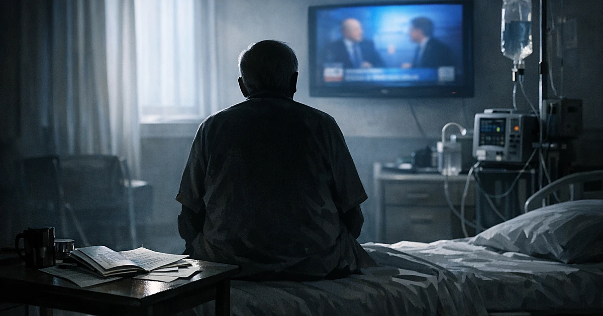 Silhouetted figure in hospital room facing TV screen with manuscript pages on bedside table in dramatic lighting