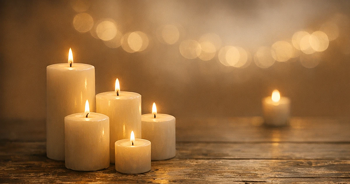 Abstract arrangement of candles representing family gathering with one positioned separately