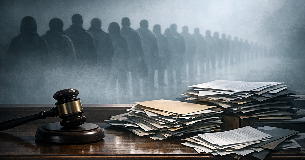 Judge's gavel on bench with silhouettes of people waiting in line behind stacks of documents in foggy background