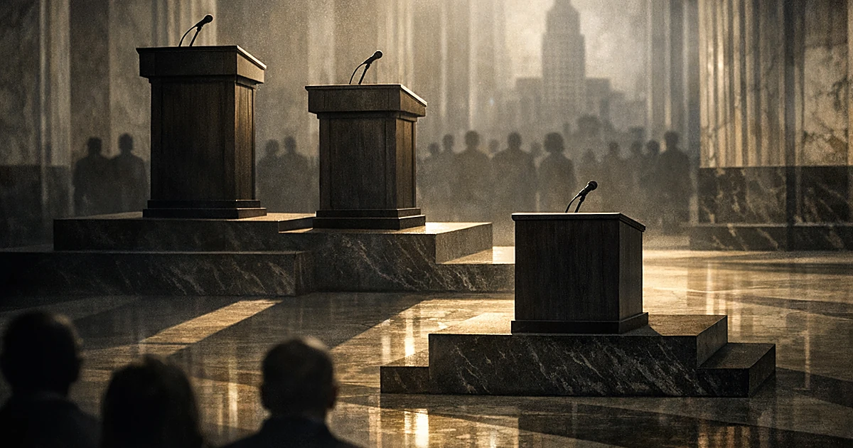 Empty third-place podium in foreground with first and second place podiums casting shadows in capitol interior