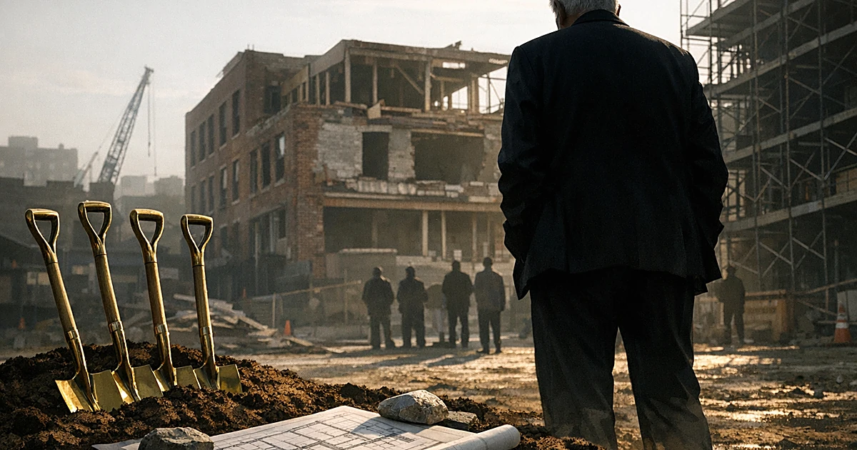 Silhouetted figure at construction groundbreaking site with shovels and building under renovation in background