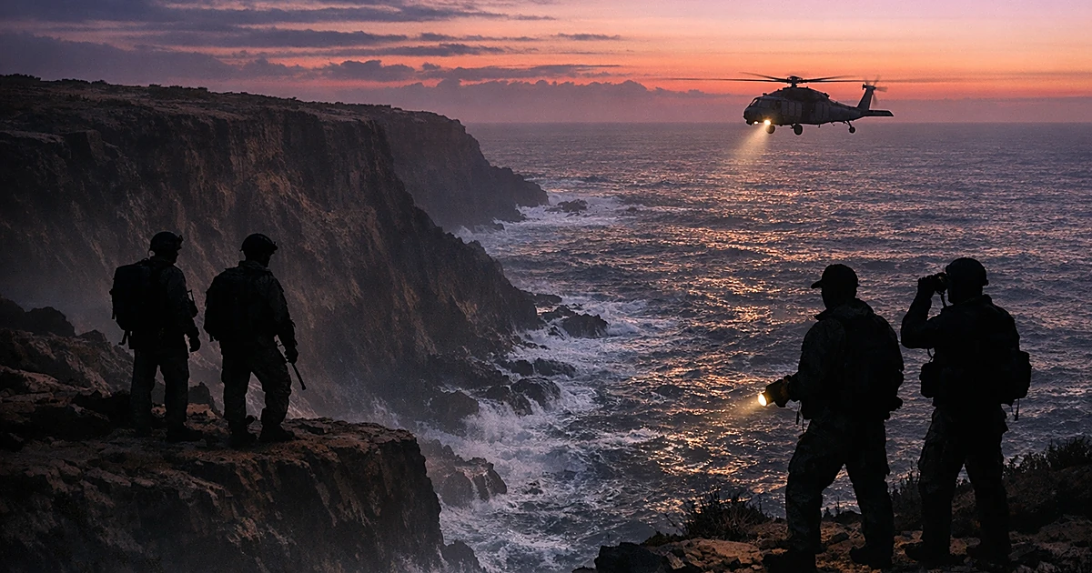 Silhouetted rescue personnel on ocean cliff at dusk with helicopter hovering over water below