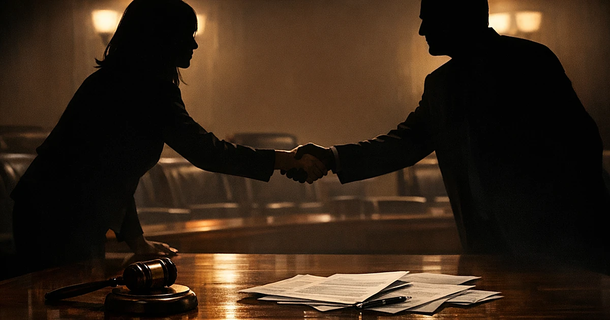 Silhouetted figures shaking hands across conference table with gavel and documents in government chamber