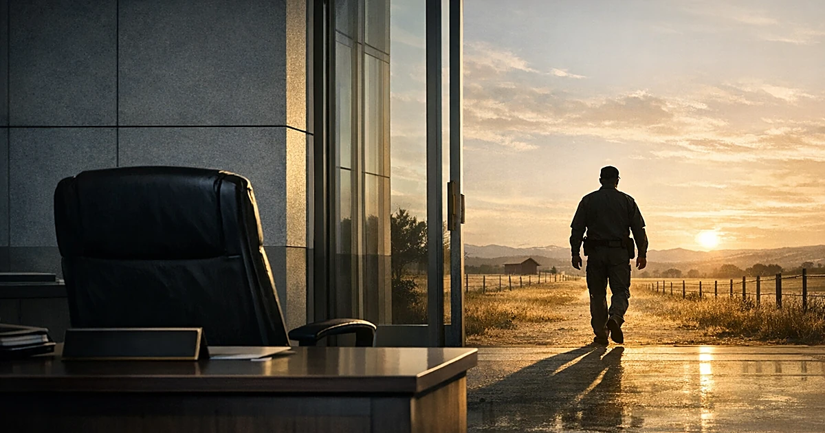Silhouetted figure in uniform walking from government building toward Texas ranch landscape with empty office chair