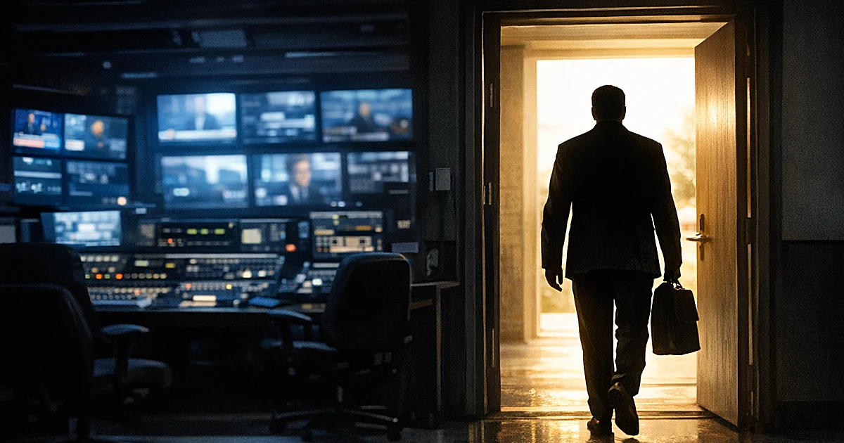 Silhouetted person leaving a TV studio control room, walking toward daylight through an open doorway
