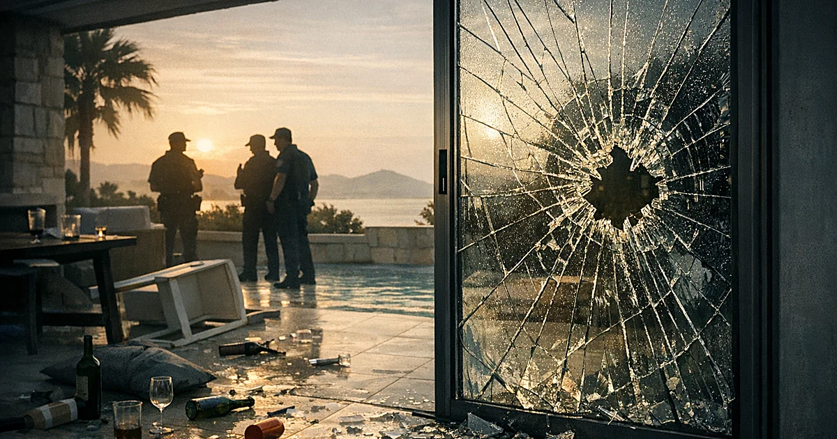 Shattered glass door at Mediterranean villa terrace with party debris and silhouetted investigators at dawn
