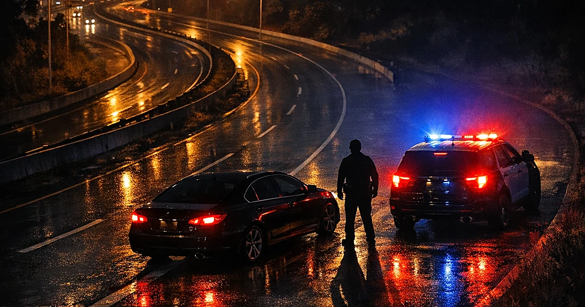 Black sedan pulled over on nighttime freeway shoulder with police lights illuminating the scene from behind