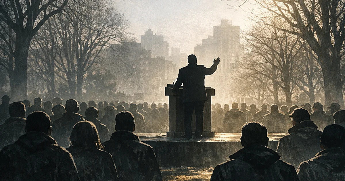Silhouetted speaker at podium addressing crowd of people shown from behind in urban park setting