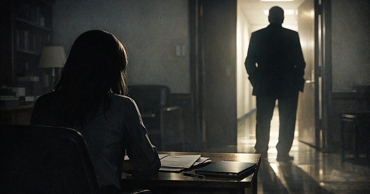 Silhouette of young intern at desk with older figure's shadow looming in doorway of Capitol Hill office