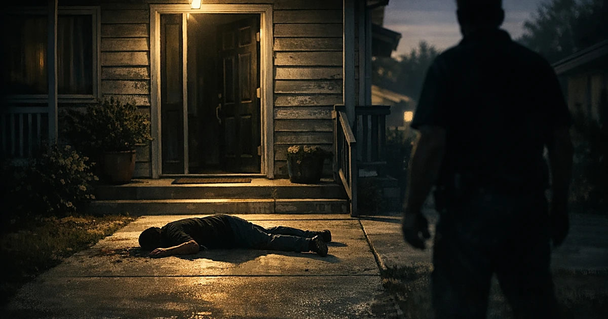 Silhouetted figure lying on concrete walkway outside suburban home entrance in harsh afternoon light
