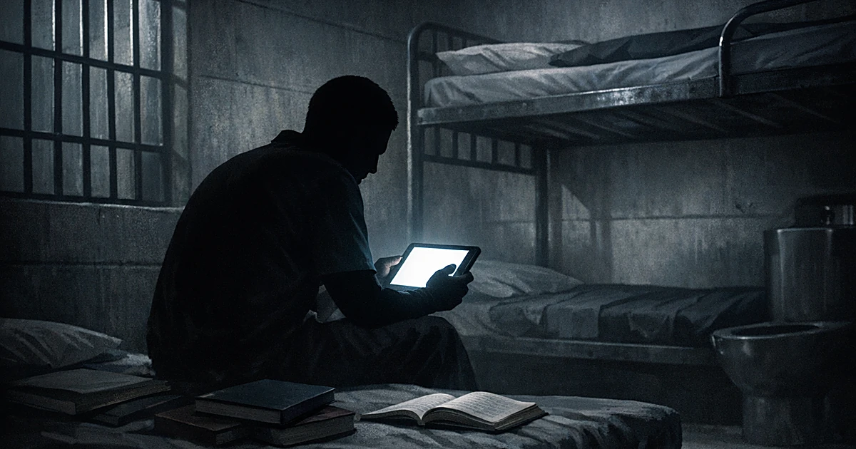 Silhouetted prisoner in cell holding illuminated tablet with unopened books nearby in dim institutional setting