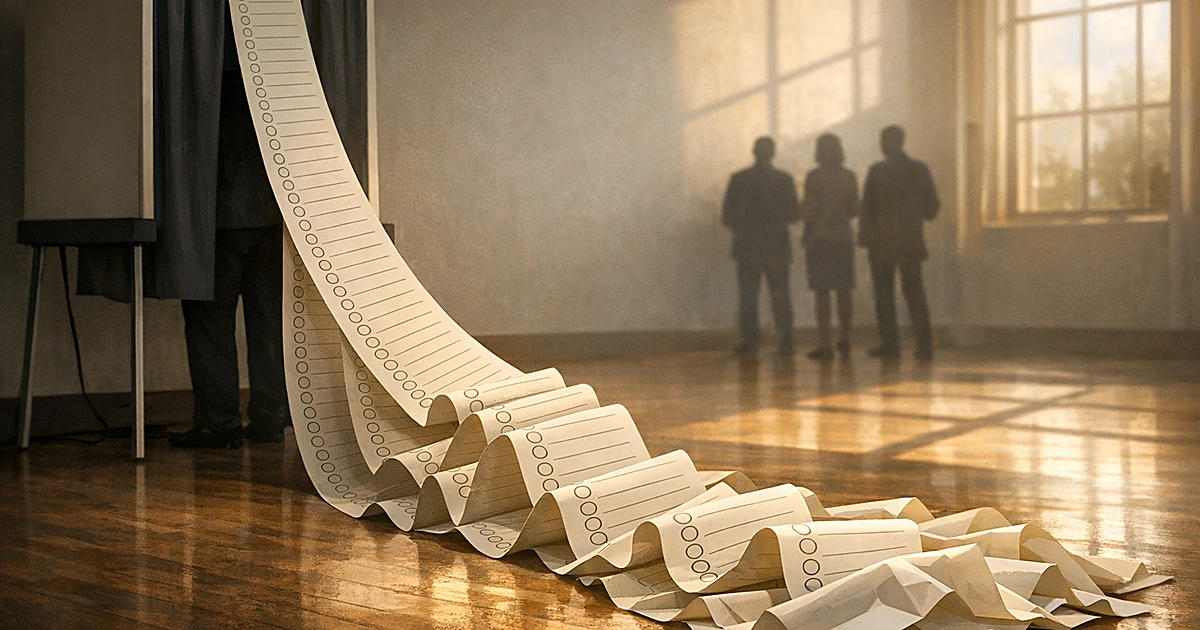 An extremely long ballot paper with dozens of empty checkboxes cascading from a voting booth onto the floor
