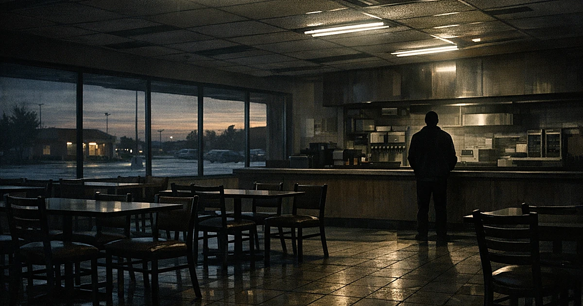 Empty fast-food restaurant interior with vacant tables and lone silhouetted figure, suggesting business closure