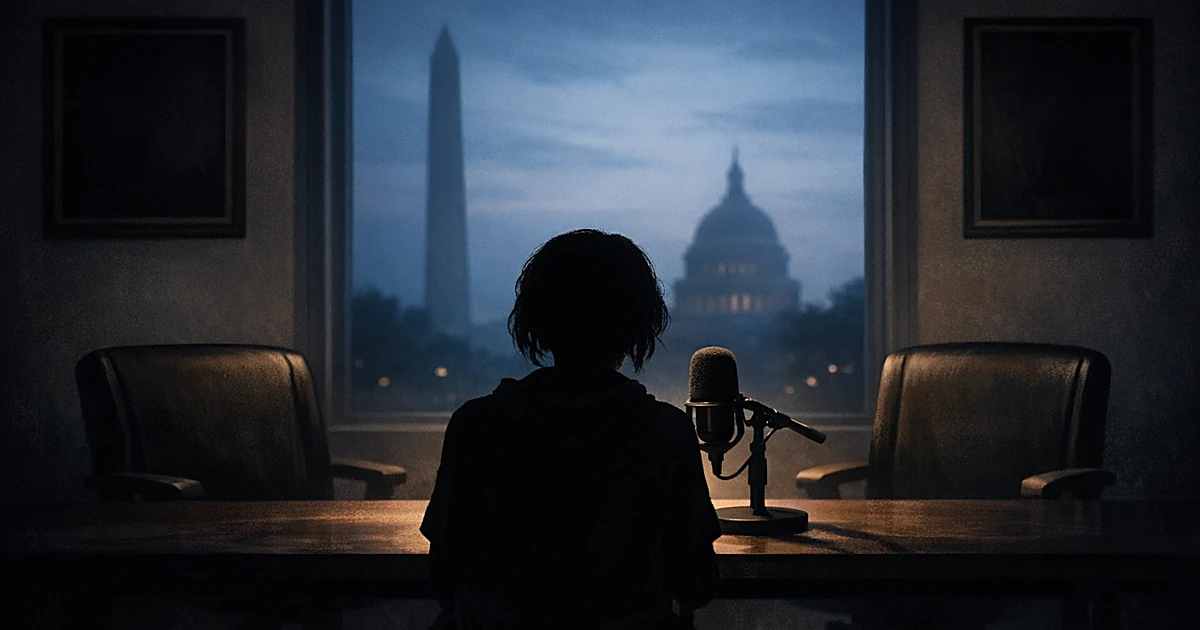Silhouette of person at table with podcast microphone and distant government buildings visible through window