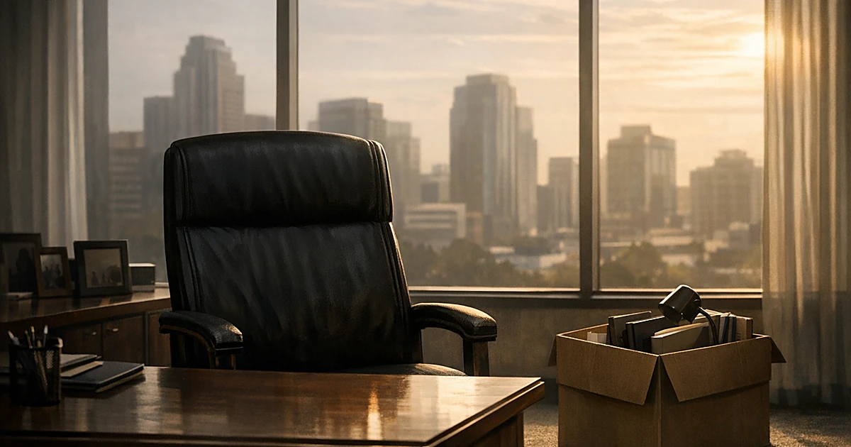 Empty mayor's office chair behind desk with packed box, sunlight streaming through windows overlooking city skyline