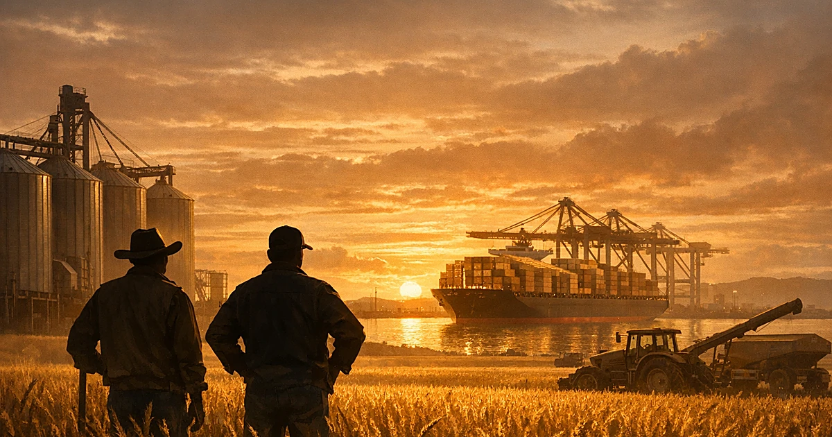 Silhouetted farmers overlook wheat fields with cargo ship at distant port, representing agricultural export trade