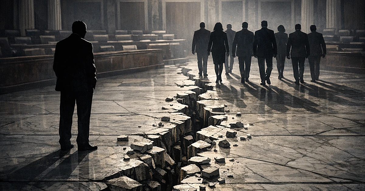 Silhouetted figure stands alone as group of eight walks away across cracked legislative chamber floor