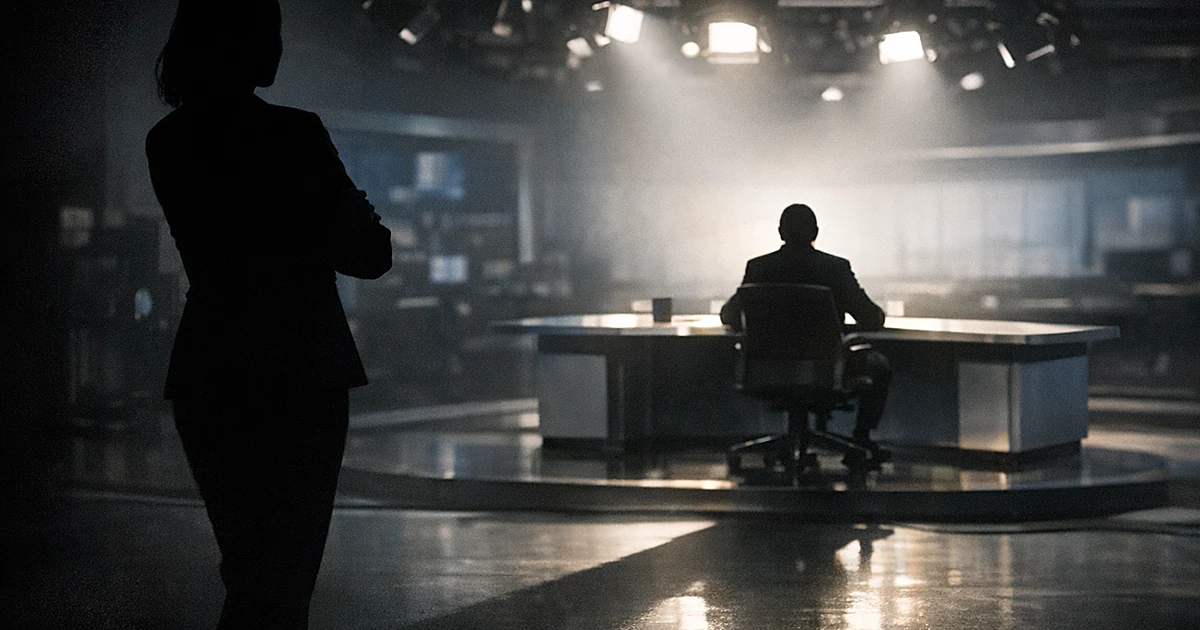 Silhouetted figures in a television studio with dramatic lighting creating shadows across the floor