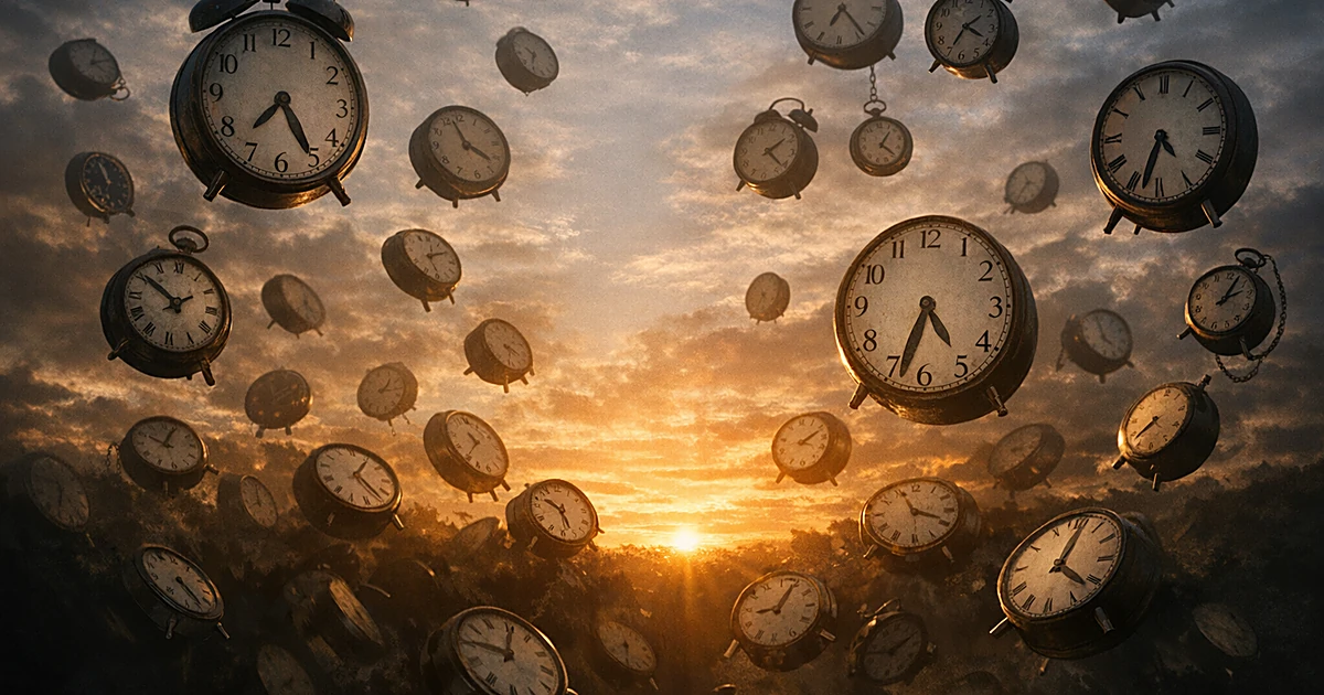 Numerous analog clocks suspended and falling through a dawn sky, symbolizing the end of clock changes