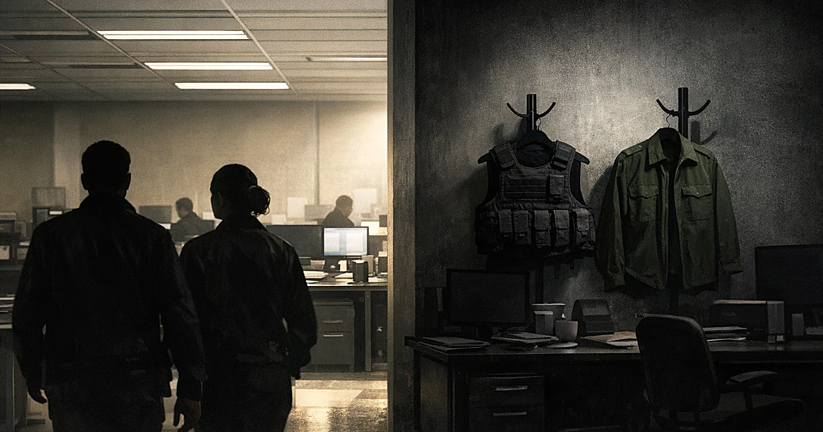 Split office scene showing occupied desks in light and empty uniforms hanging in shadows representing funded and defunded age
