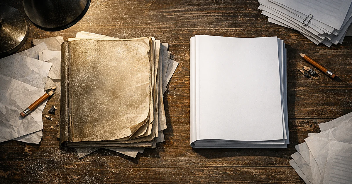 Two identical government reports on a desk, one aged from 2015, one new, surrounded by scattered papers and broken pencils