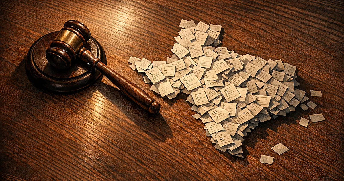 Gavel and Texas-shaped arrangement of ballot papers on desk with dramatic shadows suggesting political change