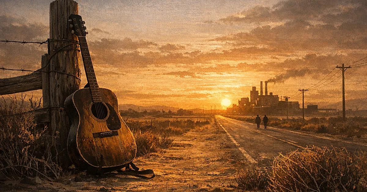 Acoustic guitar leaning against fence post at sunset with highway and industrial building in distance