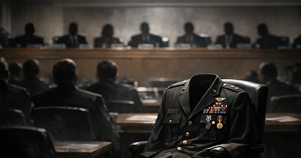 Empty military dress uniform on chair in shadowed congressional hearing room with silhouetted figures