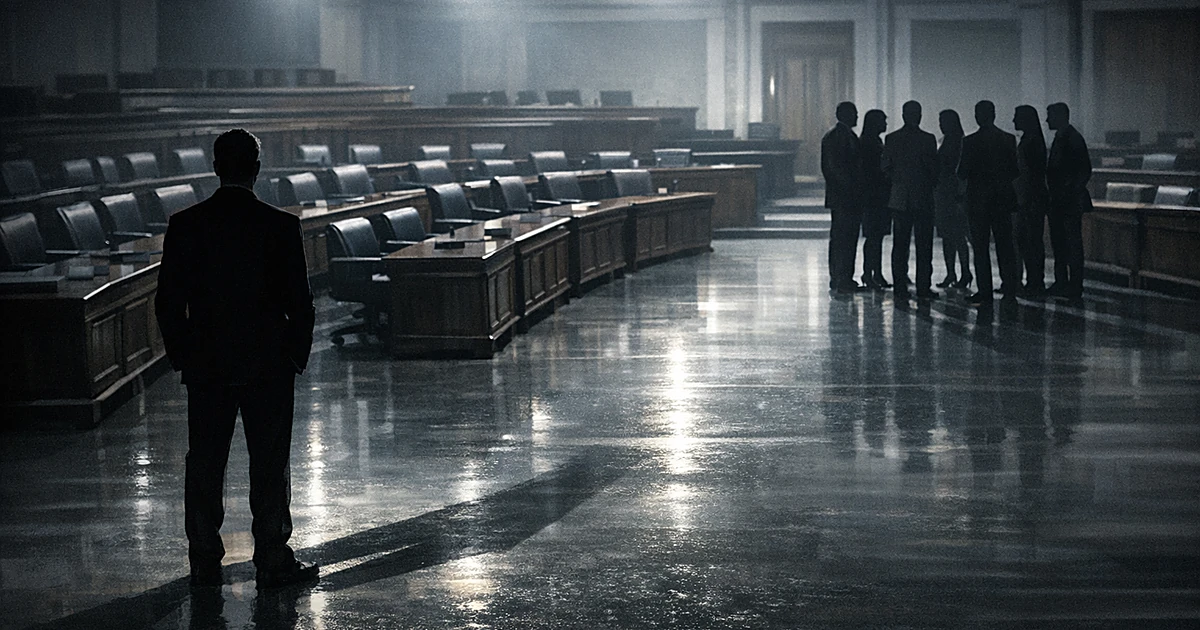 Silhouetted figure standing alone, separated from group of people across empty legislative chamber with dramatic shadows