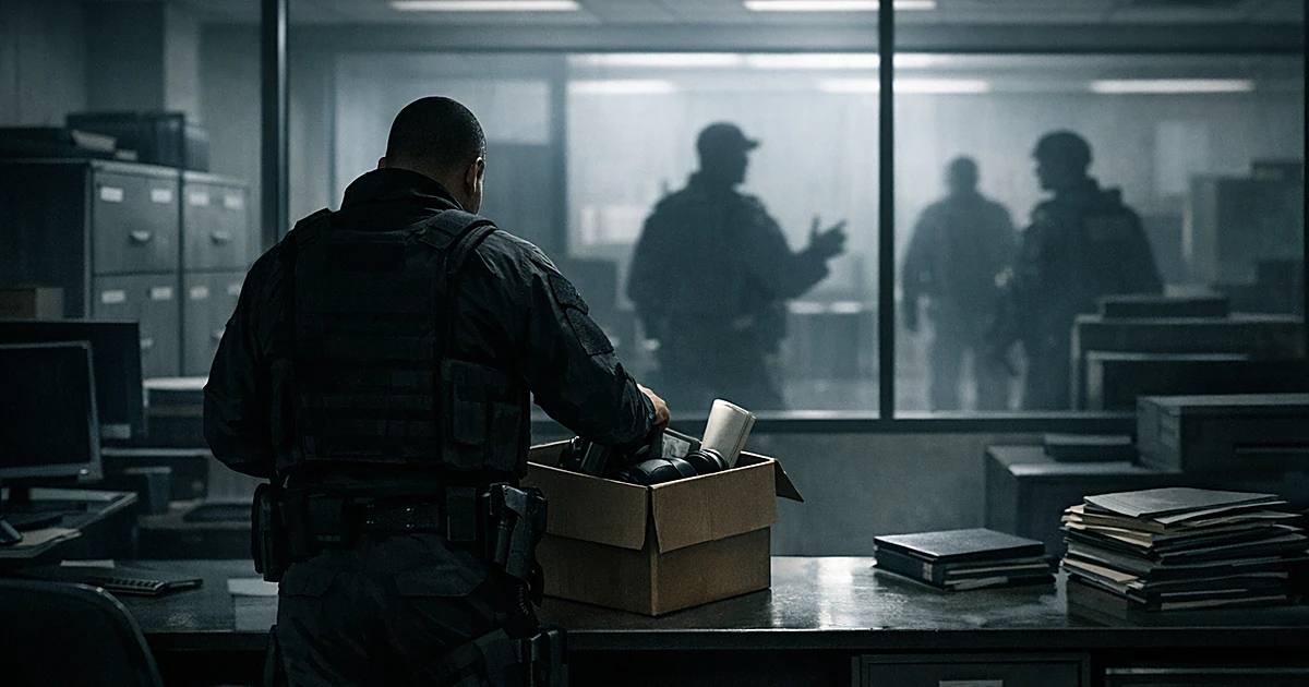 Silhouette of agent in tactical gear packing belongings in stark government office with other personnel visible through windo
