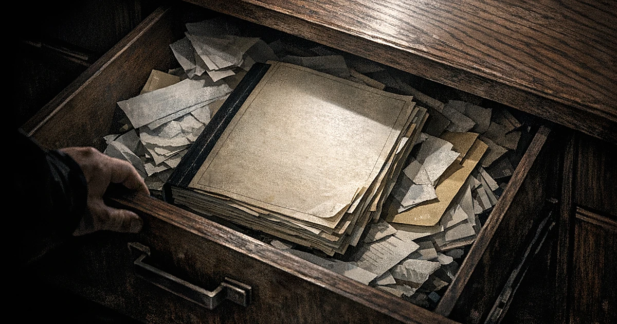 A thick report being revealed in a cluttered desk drawer, partially buried among papers in shadow
