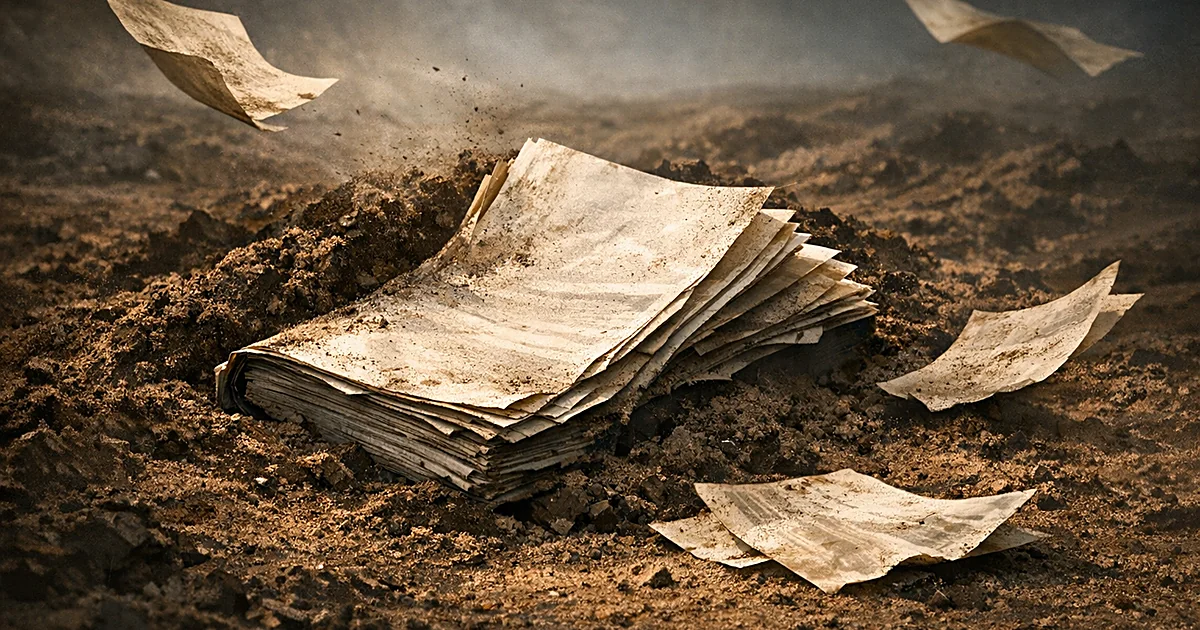 A thick report document partially buried in dark soil with loose pages scattered around it in dramatic lighting