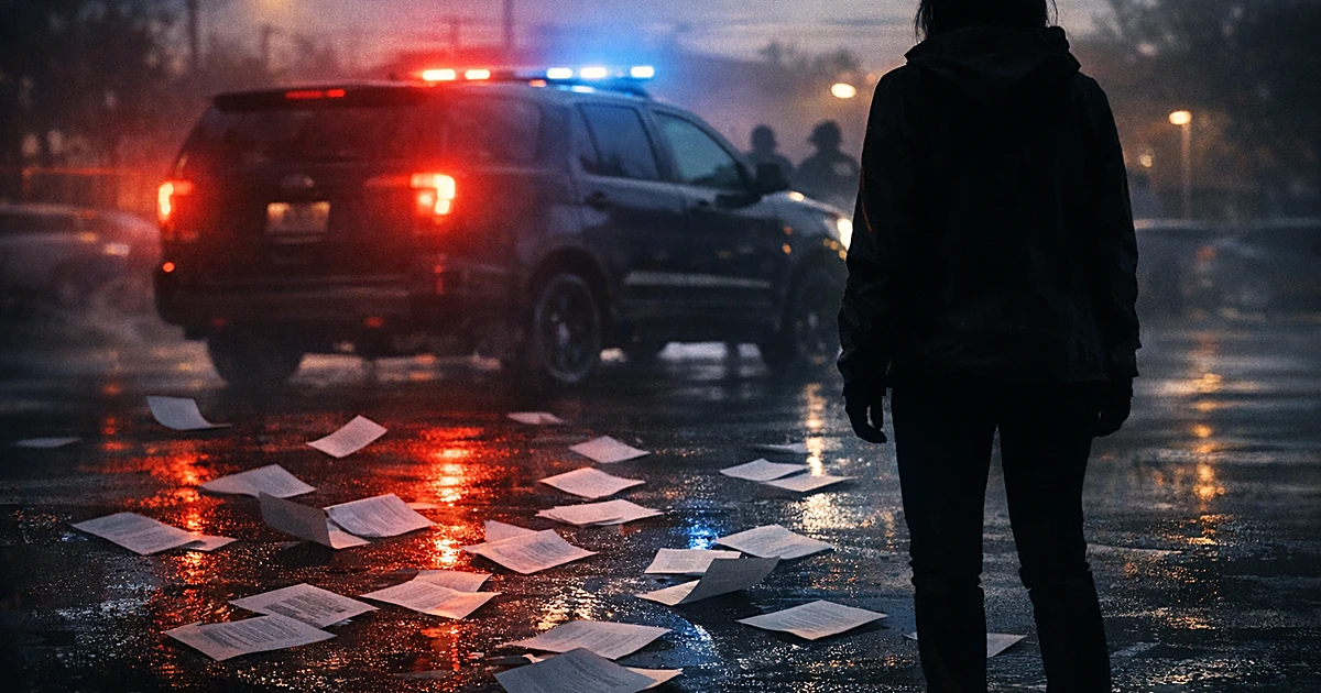 Silhouetted person facing government vehicle with scattered papers on pavement in dim parking lot