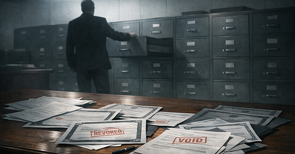 Silhouetted official at desk with citizenship documents and filing cabinets in stark government office