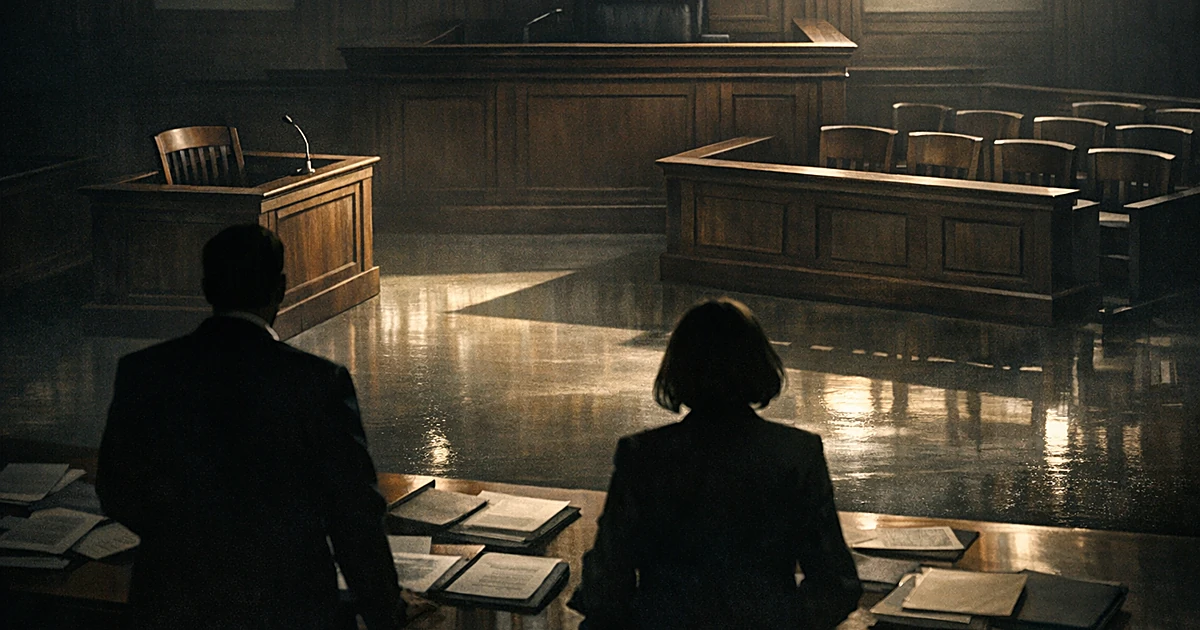 Empty courtroom with witness stand and silhouetted attorneys, dramatic shadows suggesting legal investigation