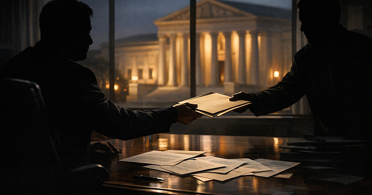 Silhouetted figures exchanging documents in dark office with courthouse visible through window