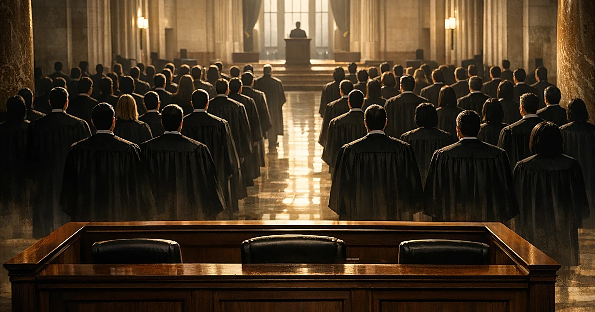 Silhouetted figures in judicial robes stand in rows inside a grand columned hall during a swearing-in ceremony