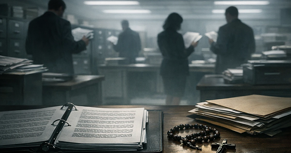 Silhouetted government workers reviewing documents at desks with religious items including rosary and crucifix nearby