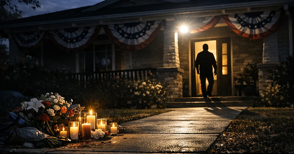 Suburban home entrance at dusk with silhouetted figure in doorway, memorial flowers on walkway, security lighting