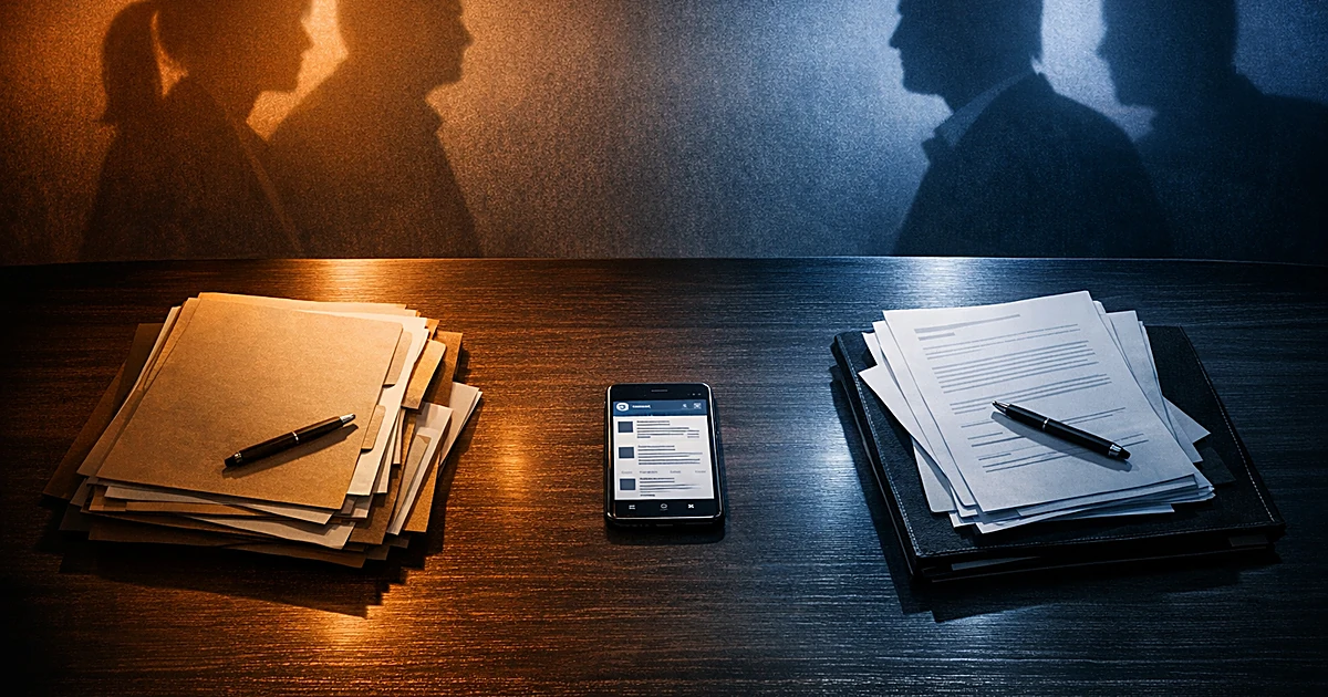 Conference table with opposing document stacks lit by warm and cool lights, smartphone between them, confrontational shadows